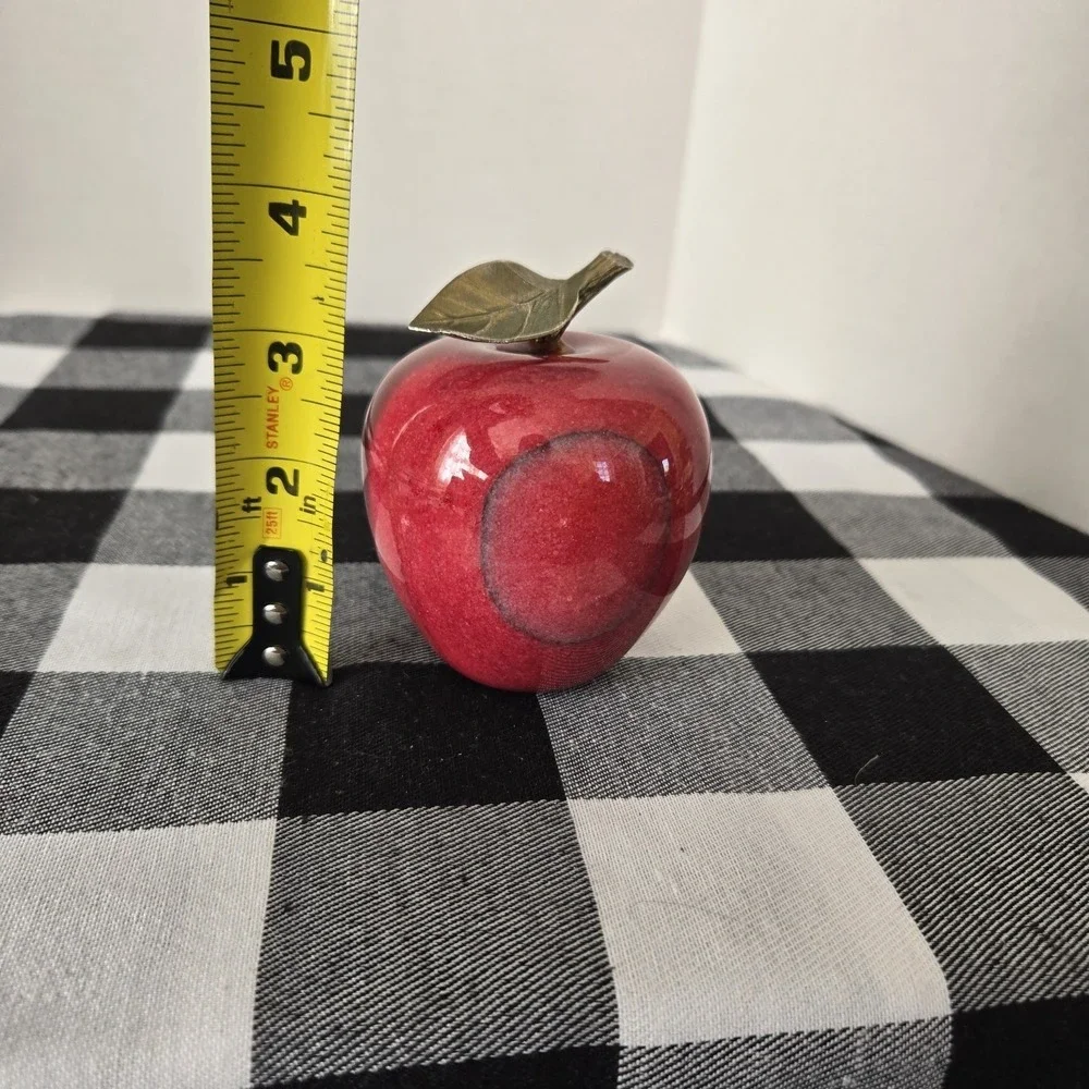 Stone‎ Marble Red Apple Paperweight with Brass Stem Polished Teacher Farmer